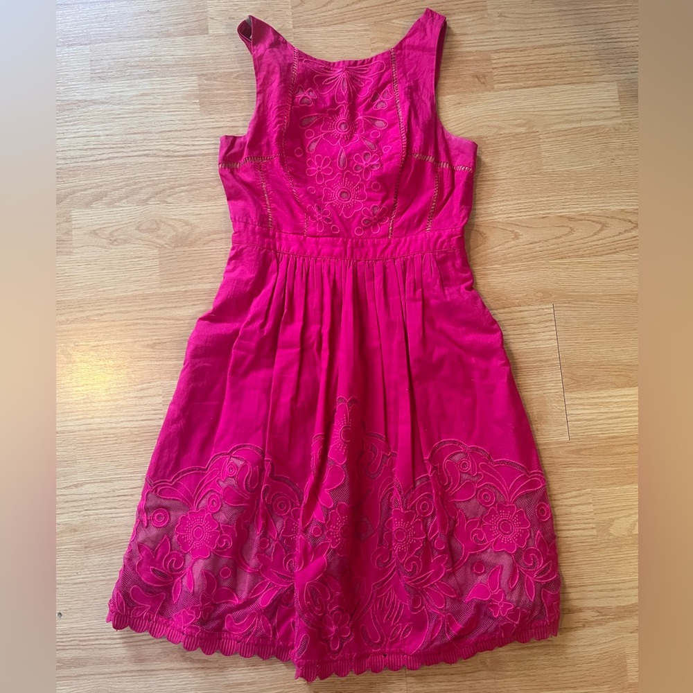 Moulinette Soeurs pink dress rhododendron Anthropologie 2 pockets lace overlay